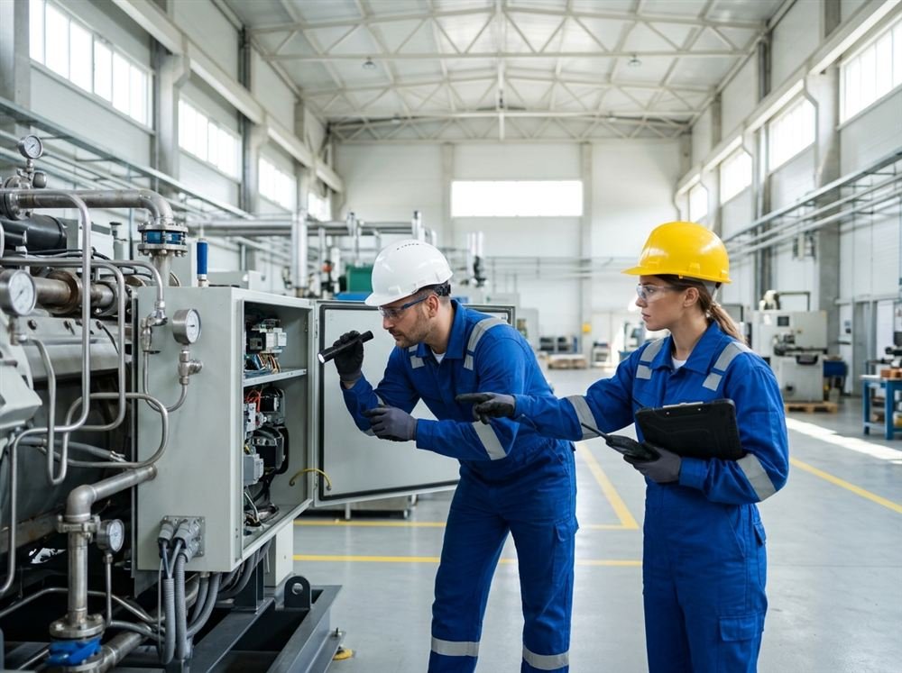 Técnicos revisando una máquina industrial